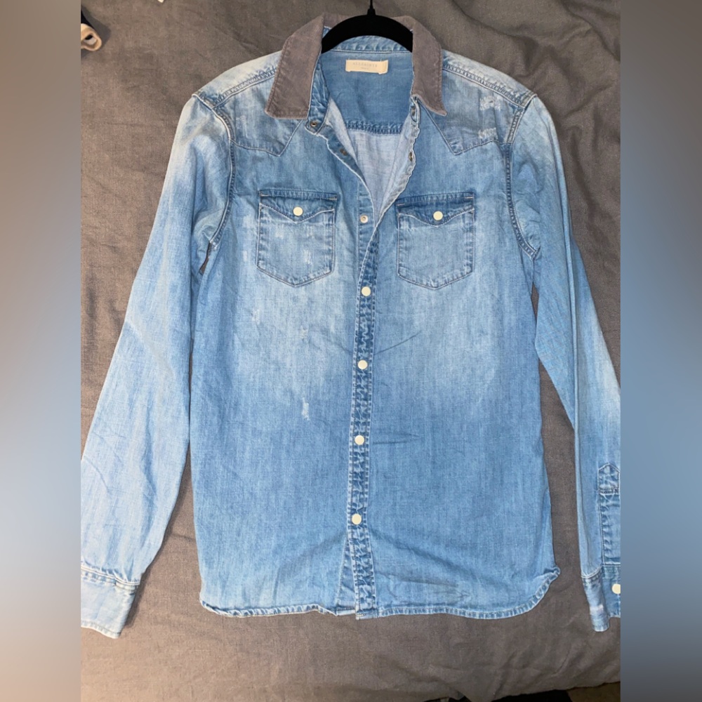 ALL SAINTS - S blue wash out denim like cotton button up shirt